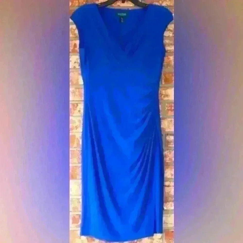 Lauren Ralph Lauren Sheath Dress Size 8 Cobalt Blue Ruched Knee Length Stretch